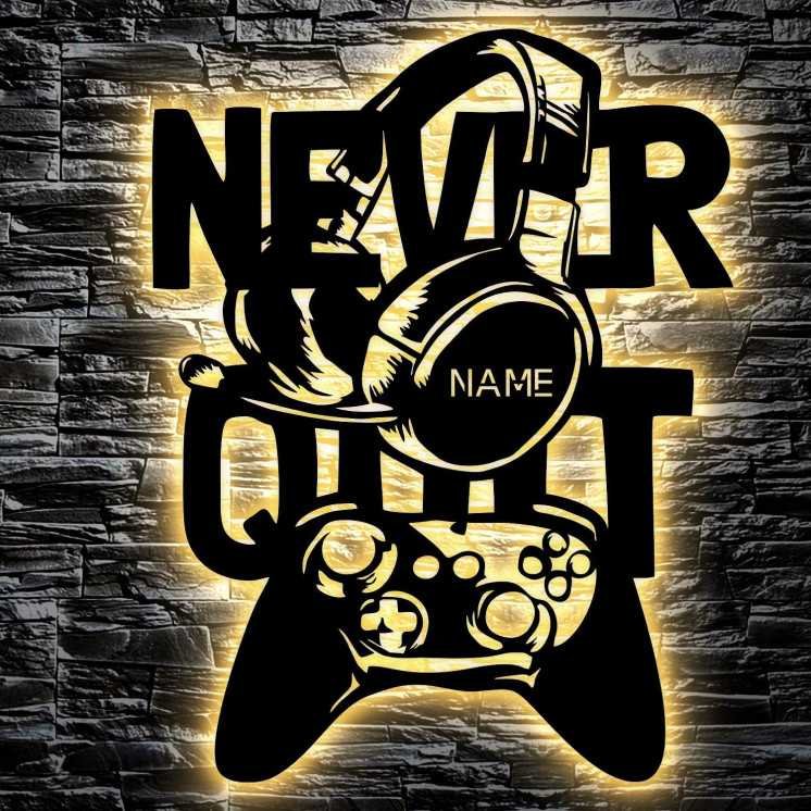 NEVER QUIT - RGB Led Gaming Schild - Gamer Geschenkidee personalisiert Mit Name Wand Lampe - Zimmer Deko - Besondere Geschenke