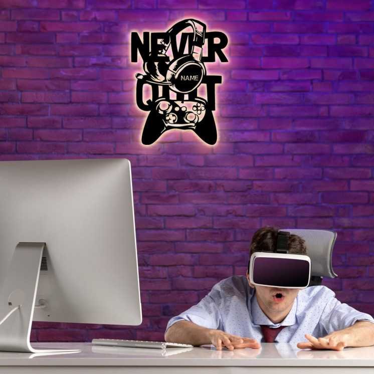 NEVER QUIT - RGB Led Gaming Schild - Gamer Geschenkidee personalisiert Mit Name Wand Lampe - Zimmer Deko - Besondere Geschenke