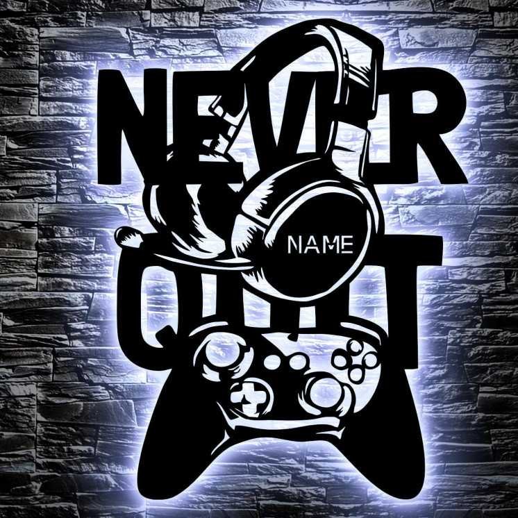 NEVER QUIT - RGB Led Gaming Schild - Gamer Geschenkidee personalisiert Mit Name Wand Lampe - Zimmer Deko - Besondere Geschenke