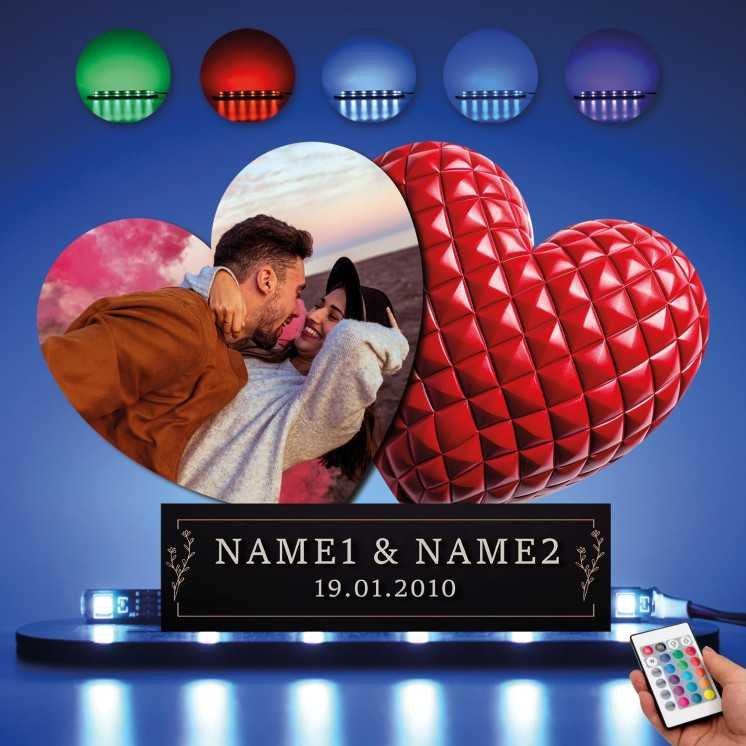 Love Herzen Mit 2 Namen & Foto auf Holz gedruckt (optional) Led RGB Beleuchtung -