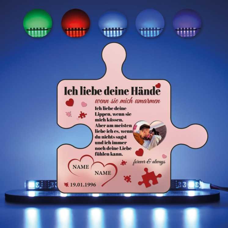 Puzzle ich Liebe Deine hände 2 Namen & Foto auf Holz gedruckt (optional) Led RGB Beleuchtung -