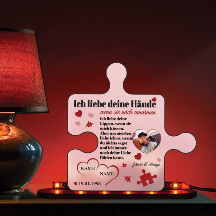 Puzzle ich Liebe Deine hände 2 Namen & Foto auf Holz gedruckt (optional) Led RGB Beleuchtung -