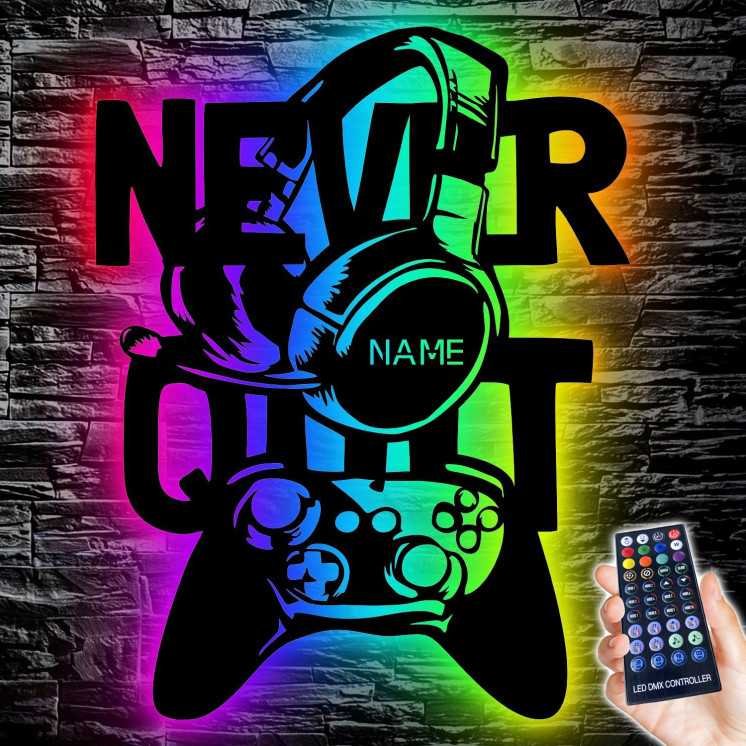 NEVER QUIT - RGB Led Gaming Schild - Gamer Geschenkidee personalisiert Mit Name Wand Lampe - Zimmer Deko - Besondere Geschenke