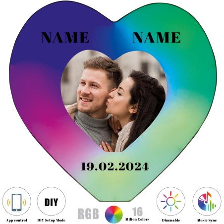 Herz Liebesgeschenk Personalisiert Mit Foto& 2 Namen&Datum auf Kunststoff gedruckt , Led RGB Farblich Veränderbar mit