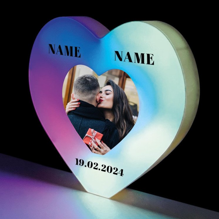 Herz Liebesgeschenk Personalisiert Mit Foto& 2 Namen&Datum auf Kunststoff gedruckt , Led RGB Farblich Veränderbar mit