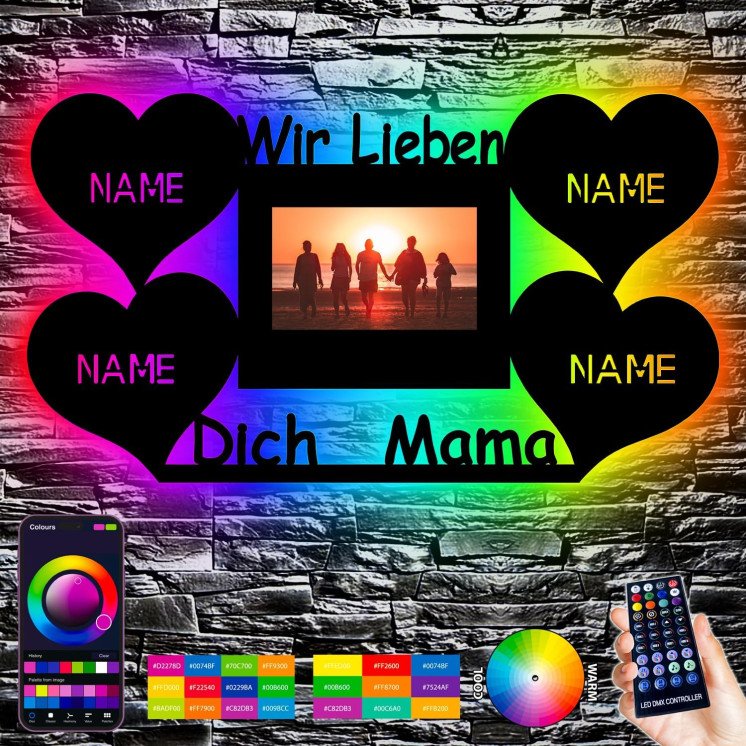 LEON FOLIEN LED RGB Muttertags Geschenk Wir lieben dich Mama mit Bilderrahmen Nachtlicht, Herz Herzchen personalisiert mit 4