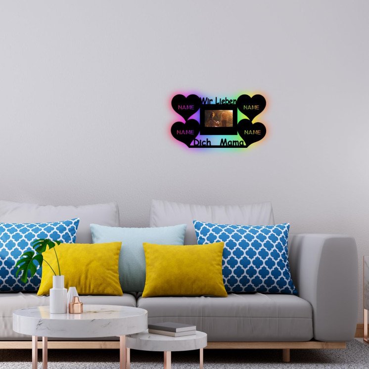 LEON FOLIEN LED RGB Muttertags Geschenk Wir lieben dich Mama mit Bilderrahmen Nachtlicht, Herz Herzchen personalisiert mit 4