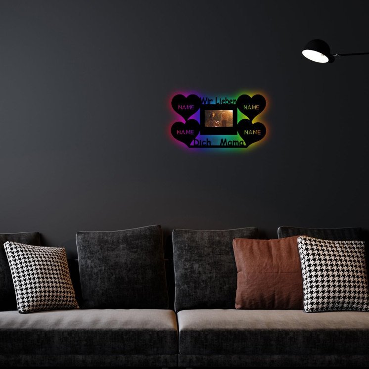 LEON FOLIEN LED RGB Muttertags Geschenk Wir lieben dich Mama mit Bilderrahmen Nachtlicht, Herz Herzchen personalisiert mit 4