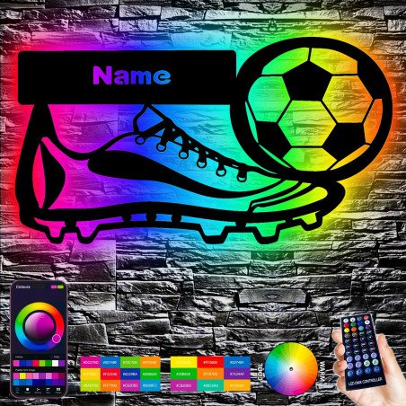 Fußball Nachtlicht Schlummerlicht Geschenk Deko Aus MDF Holz Mit RGB LED Wand - Lampe personalisiert mit Namen für Kinder Jungs