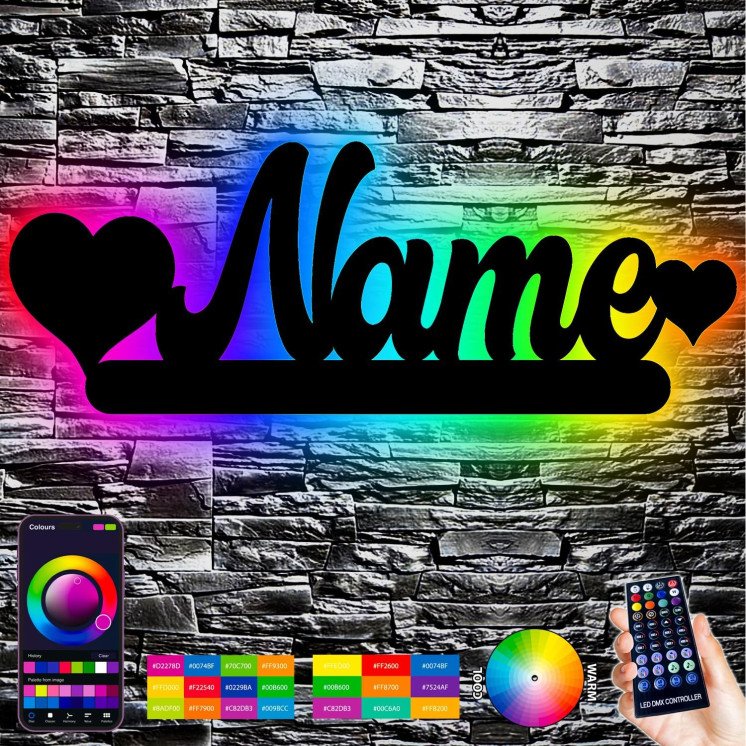 LEON FOLIEN LED RGB Deko Schlummerlicht Nachtlicht Name mit Herz herzchen, personalisiert mit Wunsch Namen Lasergravur