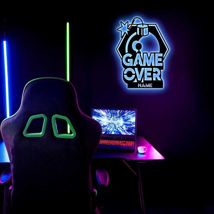 Led Gaming Schild - Game Over Gaming Zone - Gamer Geschenkidee personalisiert Mit Name Wand Lampe - Zimmer Deko - Besondere