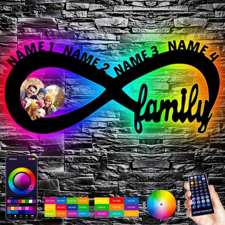 Familie Mit Herz Foto Unendlichkeitszeichen bis 4 Namen - personalisiert Geschenke - (Optional) Beleuchtung Wand Lampe family