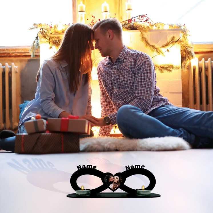 Teelichthalter Unendlichkeitszeichen Mit Foto auf Holz gedruckt Liebesgeschenk personalisiert mit 2 Namen Geschenk zur Hochzeit