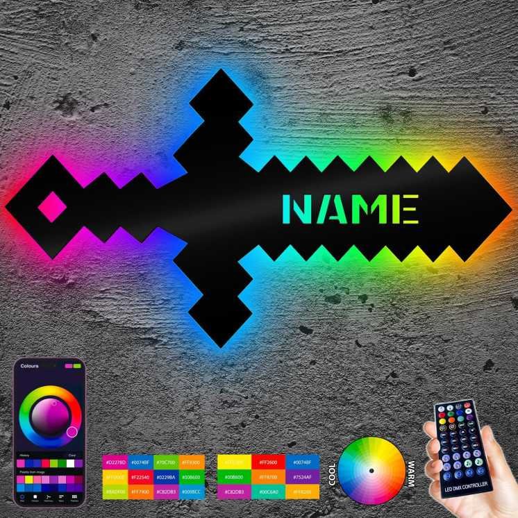 Schwert Led RGB Pixelschwert personalisierbares Geschenk - Pixel Wand Deko - Wandlampe Schwert MDF Holz für Junge Mädchen Kinder