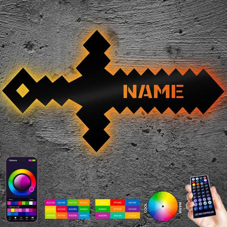 Schwert Led RGB Pixelschwert personalisierbares Geschenk - Pixel Wand Deko - Wandlampe Schwert MDF Holz für Junge Mädchen Kinder