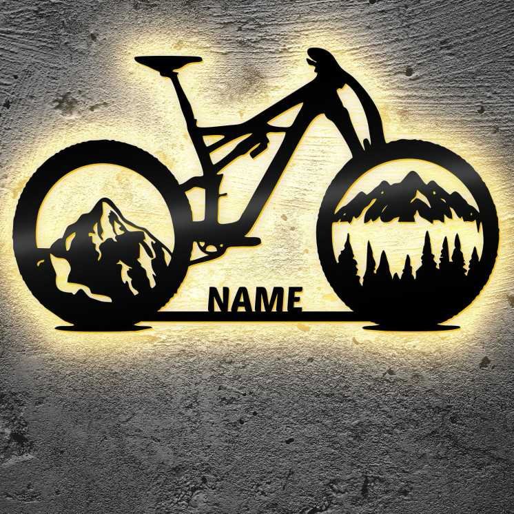 Fahrrad Wald Skyline LED Wandbild Leuchtschild Geschenke Mit Name - Wand Lampe - zum Geburtstag oder Jubiläum für die Familie