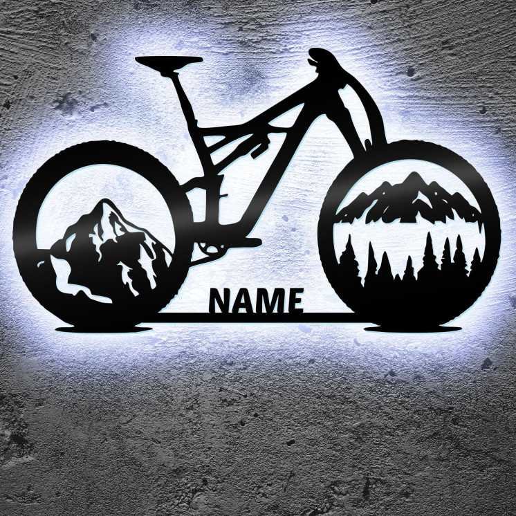 Fahrrad Wald Skyline Led RGB Wandbild Leuchtschild Geschenke Mit Name - Wand Lampe - zum Geburtstag oder Jubiläum für die