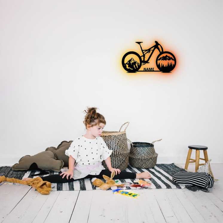 Fahrrad Wald Skyline Led RGB Wandbild Leuchtschild Geschenke Mit Name - Wand Lampe - zum Geburtstag oder Jubiläum für die