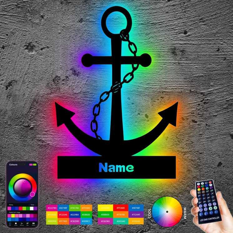 LEON FOLIEN Schiffsanker RGB LED Anker und Kette personalisiert mit Wunschtext oder Name Lasergravur Schlummerlicht zum