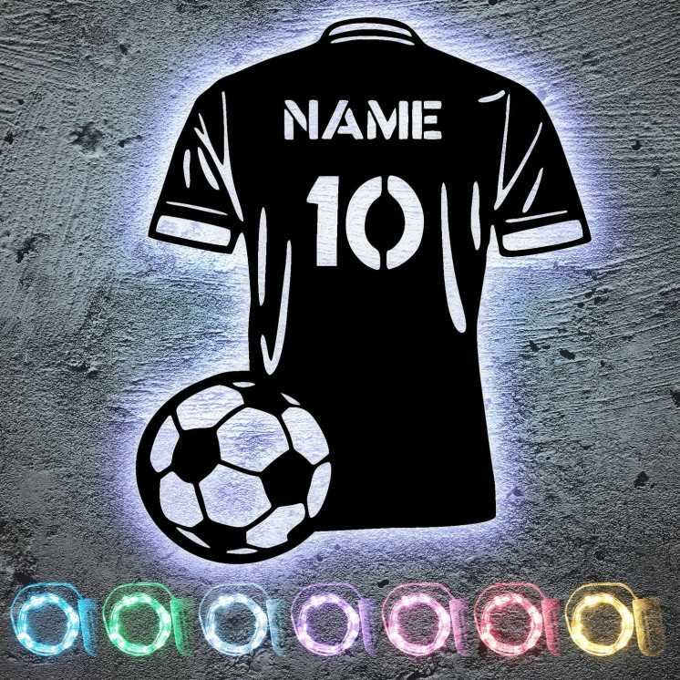 LEON FOLIEN Fußball trikot personalisieren Led Licht mit Namen & Nummer – Fussballer aus MDF-Holz Fussball Geschenke für Jungs