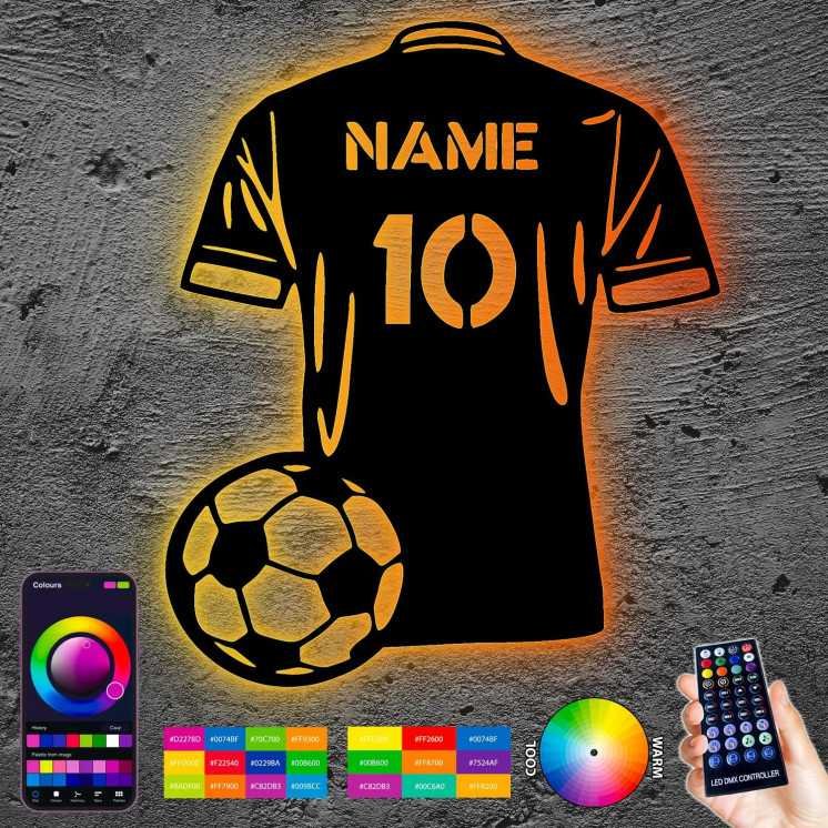 LEON FOLIEN Fußball trikot personalisieren RGB Led Licht mit Namen & Nummer – Fussballer aus MDF-Holz Fussball Geschenke für