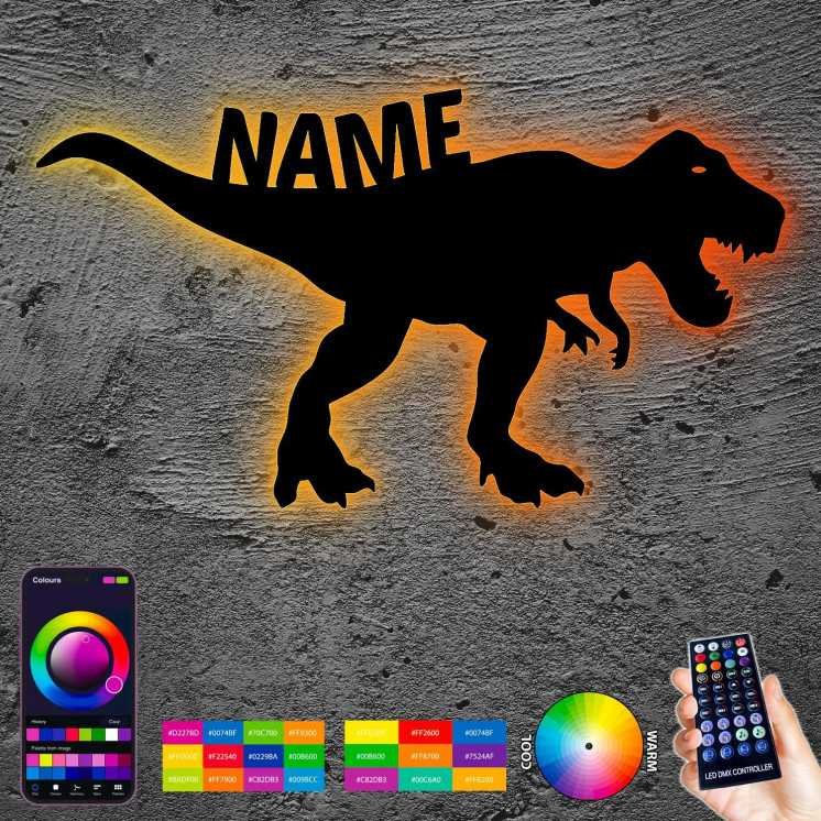 LEON FOLIEN T Rex Dinosaurier Spielzeug Tier RGB LED Deko, personalisiert mit Wunsch Namen - Schlummerlicht Nachtlicht für