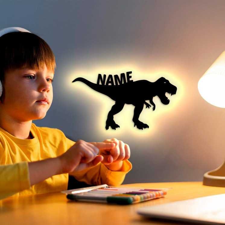 LEON FOLIEN T Rex Dinosaurier Spielzeug Tier RGB LED Deko, personalisiert mit Wunsch Namen - Schlummerlicht Nachtlicht für