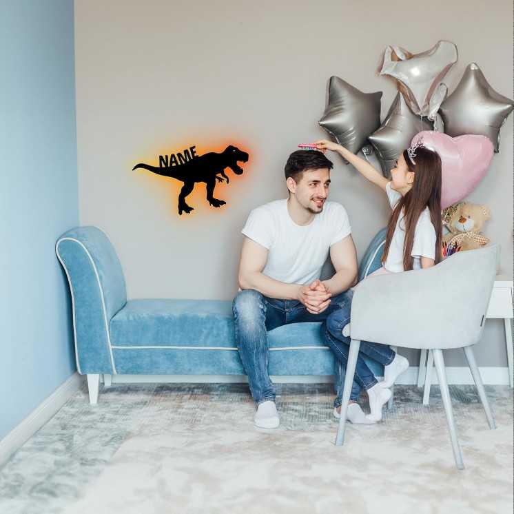 LEON FOLIEN T Rex Dinosaurier Spielzeug Tier RGB LED Deko, personalisiert mit Wunsch Namen - Schlummerlicht Nachtlicht für