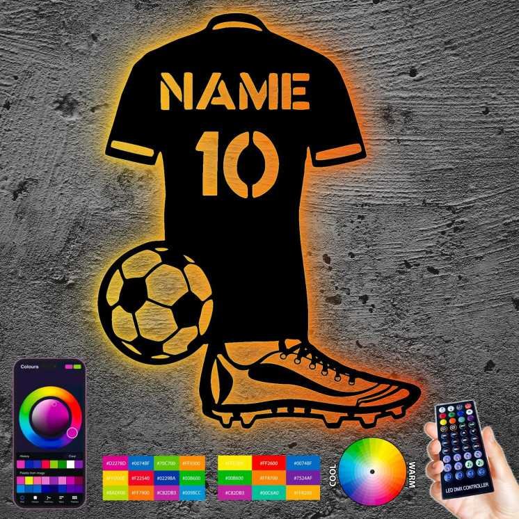 LEON FOLIEN Rgb Led Licht mit Namen & Nummer Fußball trikot personalisieren – Fussballer aus MDF Holz Fussball Geschenke für