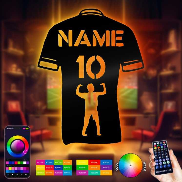 LEON FOLIEN Fußball trikot personalisieren RGB Led Licht mit Namen & Nummer – Fussballer aus MDF-Holz Fussball Geschenke für