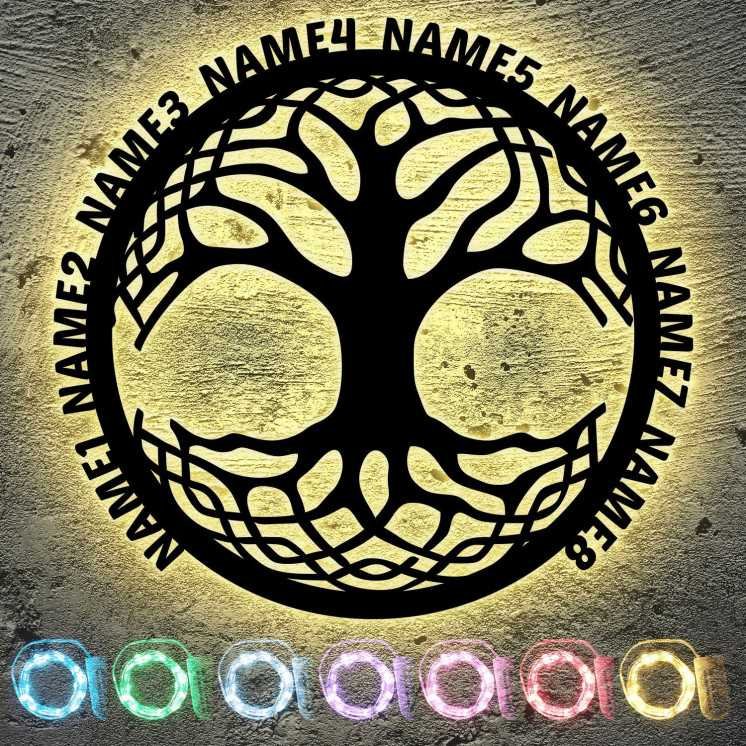 Lebensbaum Familienbaum Deko LED Stammbaum personalisiert mit bis zu 6 Namen Familienname Baum Lasergravur