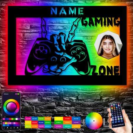 LEON FOLIEN Gaming Zone Mit Foto auf Holz gedruckt personalisiert Name - Geschenke (Optional) Beleuchtung Wand Lampe Nachtlicht