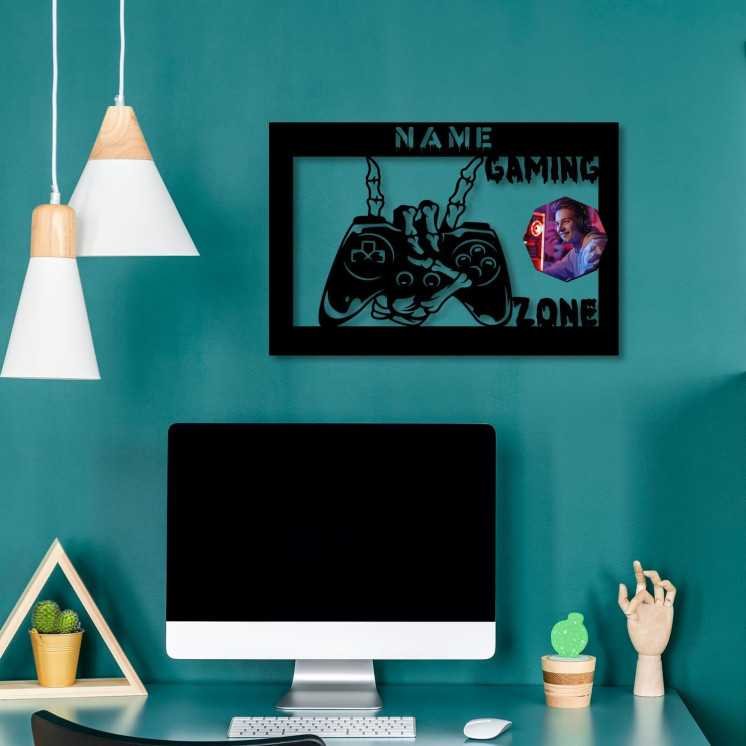 LEON FOLIEN Gaming Zone Mit Foto auf Holz gedruckt personalisiert Name - Geschenke (Optional) Beleuchtung Wand Lampe Nachtlicht