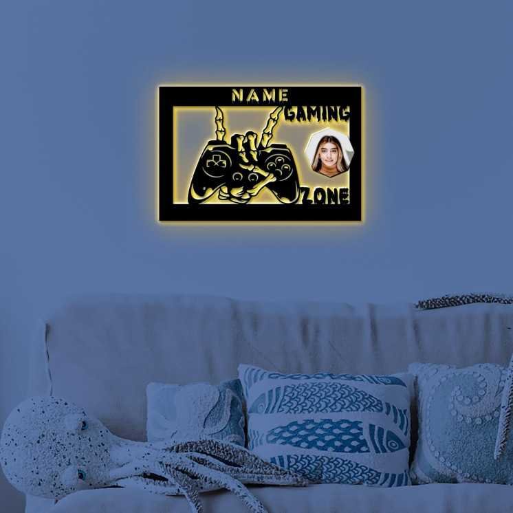 LEON FOLIEN Gaming Zone Mit Foto auf Holz gedruckt personalisiert Name - Geschenke (Optional) Beleuchtung Wand Lampe Nachtlicht