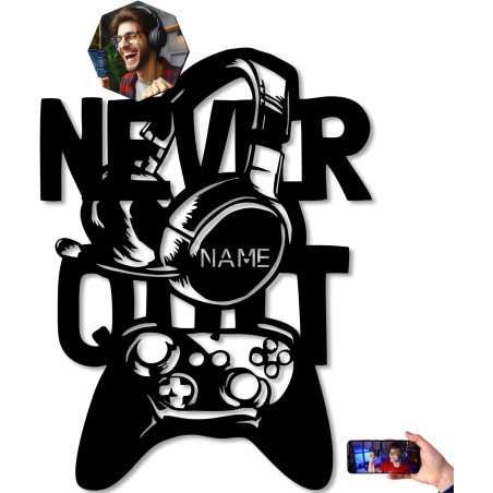 NEVER QUIT Mit Foto auf Holz gedruckt Gaming Schild - Gamer Geschenkidee personalisiert Mit Name Zimmer (Optional) Led