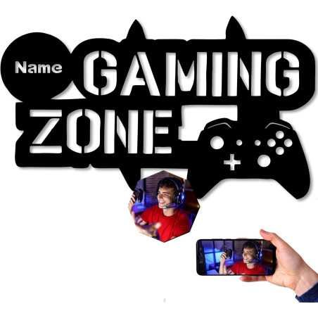 LEON FOLIEN Gaming Zone Wand Deko Mit Foto auf Holz gedruckt personalisiert Name - Geschenke (Optional) Led Beleuchtung Wand