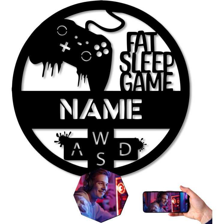 FAT SLEEP GAME Mit Foto auf Holz gedruckt - Gaming Schild - Gamer Geschenkidee personalisiert Mit Name - (Optional) Beleuchtung