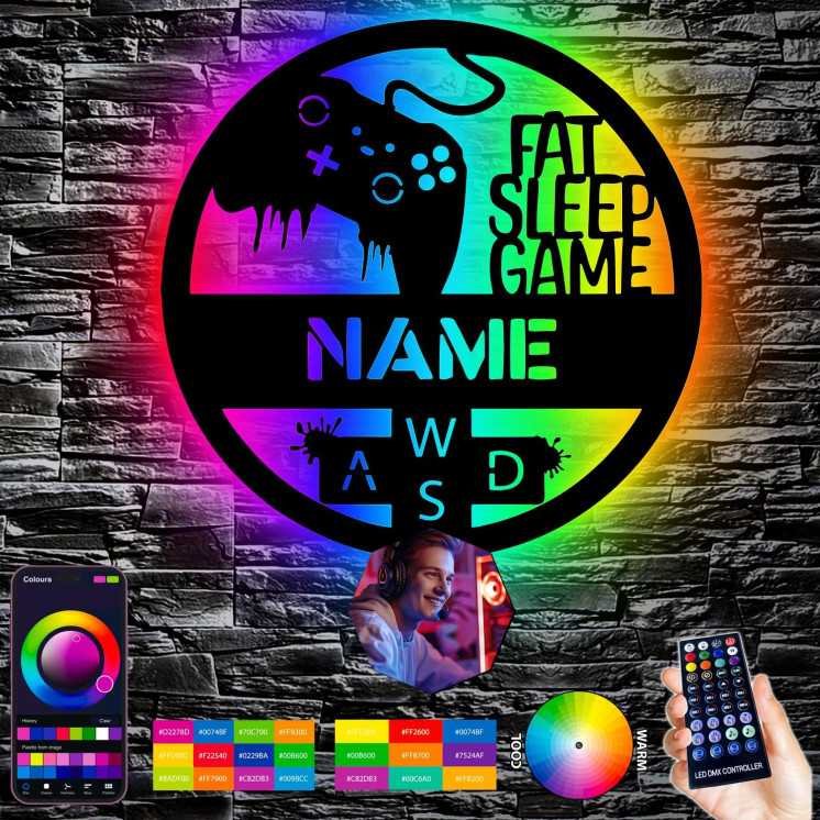 FAT SLEEP GAME Mit Foto auf Holz gedruckt - Gaming Schild - Gamer Geschenkidee personalisiert Mit Name - (Optional) Beleuchtung