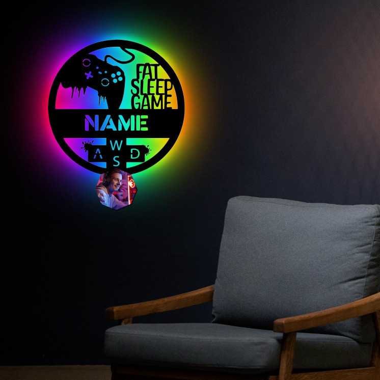 FAT SLEEP GAME Mit Foto auf Holz gedruckt - Gaming Schild - Gamer Geschenkidee personalisiert Mit Name - (Optional) Beleuchtung