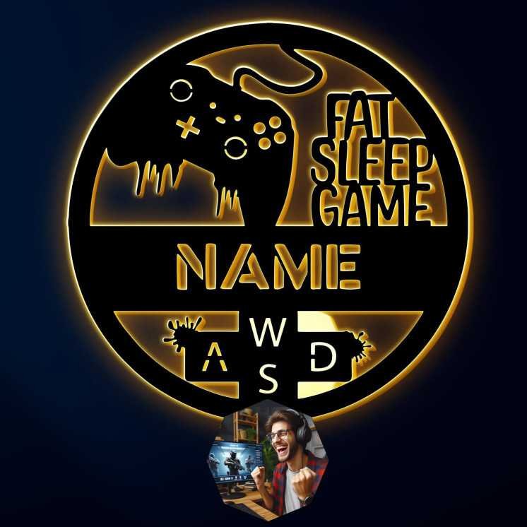 FAT SLEEP GAME Mit Foto auf Holz gedruckt - Gaming Schild - Gamer Geschenkidee personalisiert Mit Name - (Optional) Beleuchtung