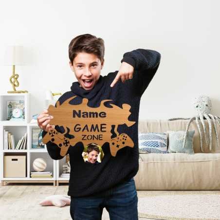 LEON FOLIEN GAME ZONE Wand Deko Mit Foto auf Holz gedruckt personalisiert Name - Geschenke (Optional) Led Beleuchtung Wand Lampe