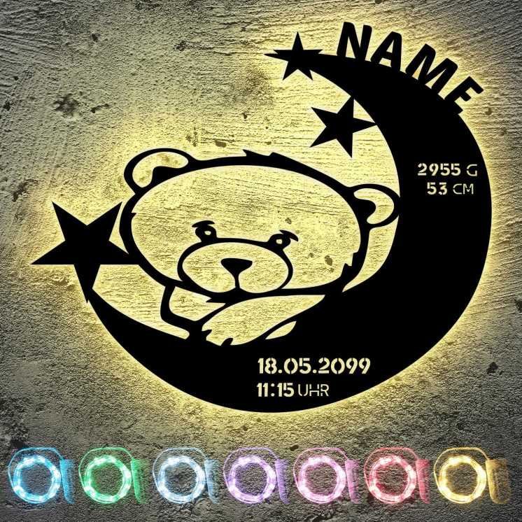 LEON - FOLIEN Teddy LED Deko - Schlummerlicht Nachtlicht Name mit Datum Größe Gewicht Geburtszeit, personalisiert mit Wunsch