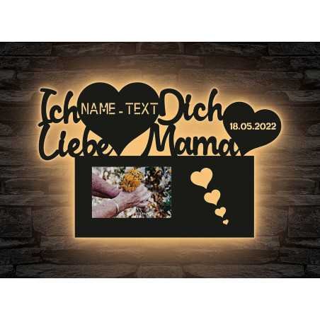 Ich liebe dich Mama Nachtlicht mit Bilderrahmen für Muttertag, Herz Herzchen personalisiert mit Wunschtext und -datum