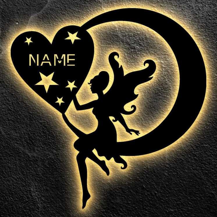 Elfe Fee Name & Herz Sterne Halbmond Mond LED Deko Schlummerlicht Nachtlicht , personalisiert mit Wunsch Namen Lasergravur