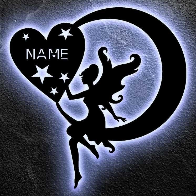 Elfe Fee Name & Herz Sterne Halbmond Mond LED Deko Schlummerlicht Nachtlicht , personalisiert mit Wunsch Namen Lasergravur