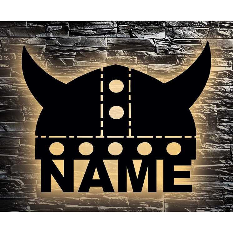 LEON - FOLIEN Wikinger Helm Led personalisiert mit Name Schlummerlicht Nachtlicht Geschenk Baby Kinder Junge Mädchen Jungs Wand