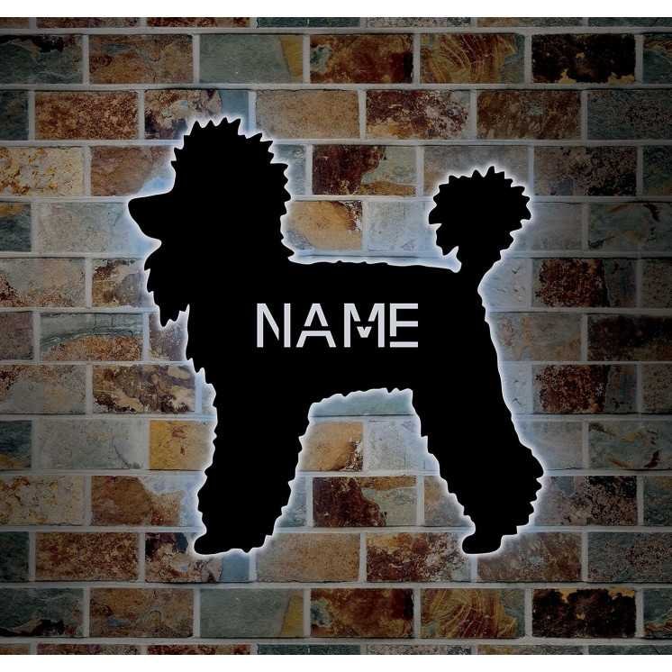 Pudel Hund Schlummerlicht personalisiert mit Name Led Lasergravur aus MDF Holz Nachtlicht Geschenk Wandschild