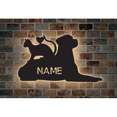 LEON - FOLIEN Hund mit Katze Love Schlummerlicht personalisiert mit Name Led Lasergravur aus MDF Holz Nachtlicht Geschenk