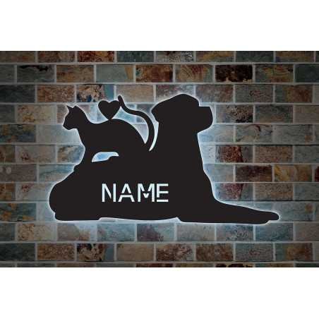 LEON - FOLIEN Hund mit Katze Love Schlummerlicht personalisiert mit Name Led Lasergravur aus MDF Holz Nachtlicht Geschenk