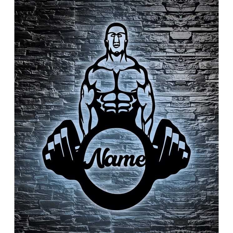 LEON - FOLIEN der Bodybuilder personalisierte Led Nachtlicht mit Wunschname aus MDF Holz Schlummerlicht Lasergravur Geschenk